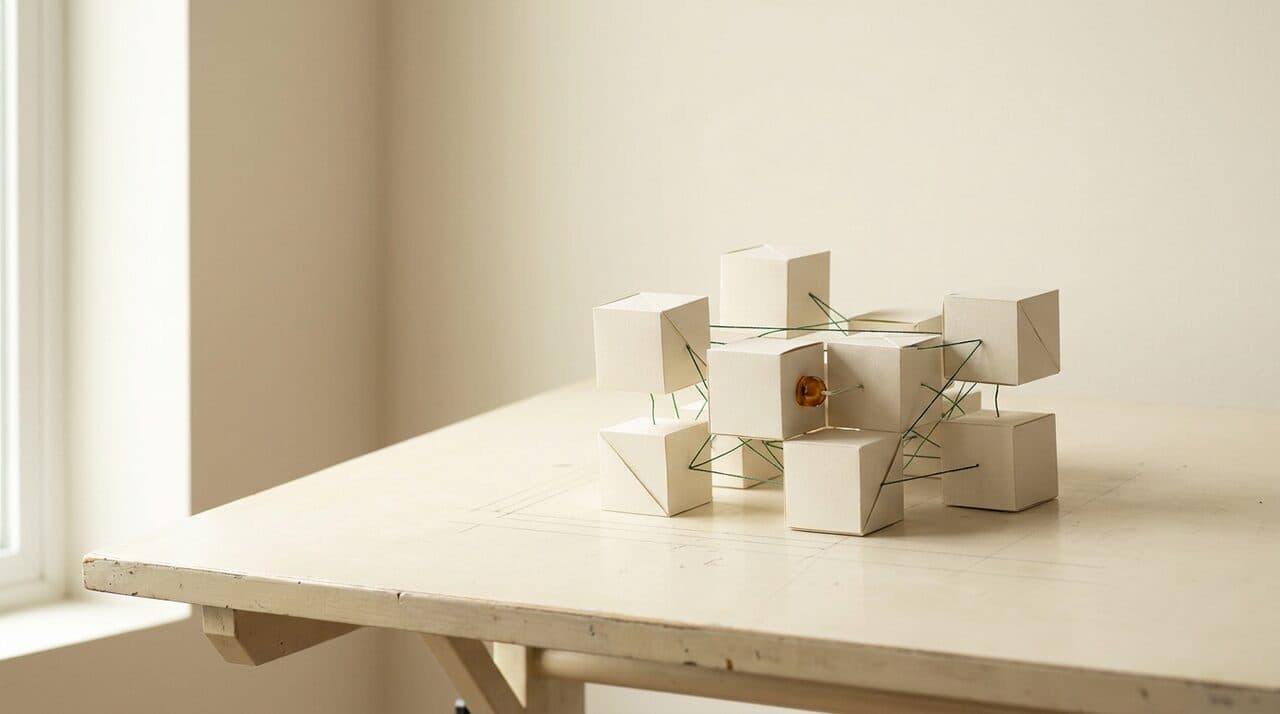 Módulos de papel conectados por hilos verdes sobre una mesa de dibujo