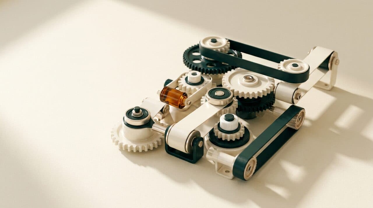 Engranajes y cintas en crema y verde en pleno movimiento