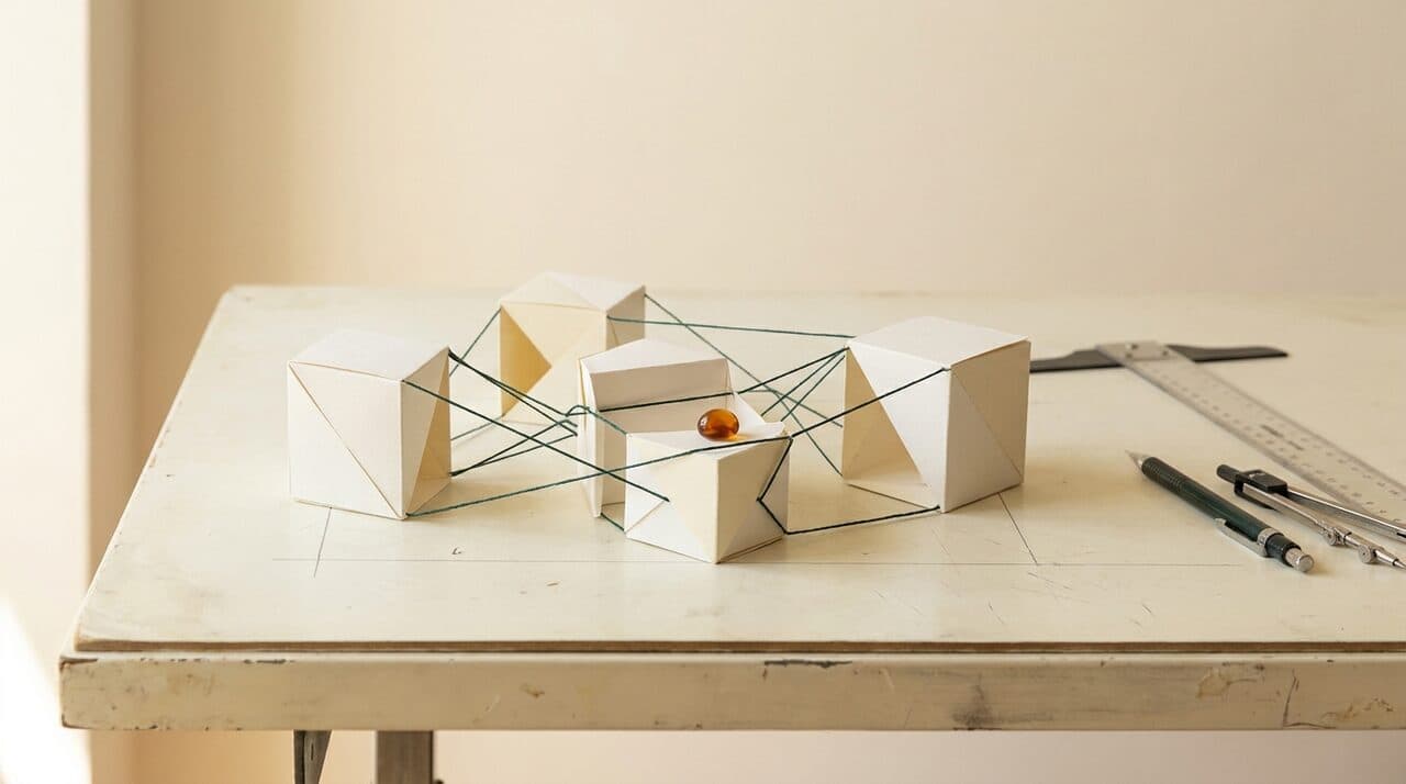 Módulos de papel conectados por hilos verdes sobre una mesa de dibujo