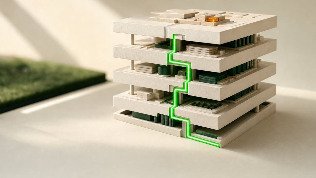 Maqueta en capas con un circuito verde atravesándolas