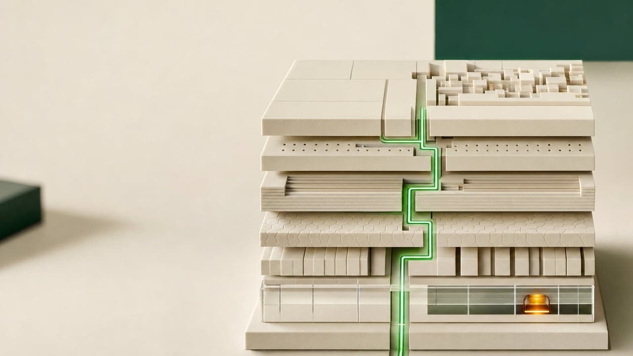 Maqueta en capas con un circuito verde atravesándolas