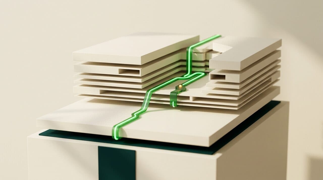Maqueta en capas con un circuito verde atravesándolas