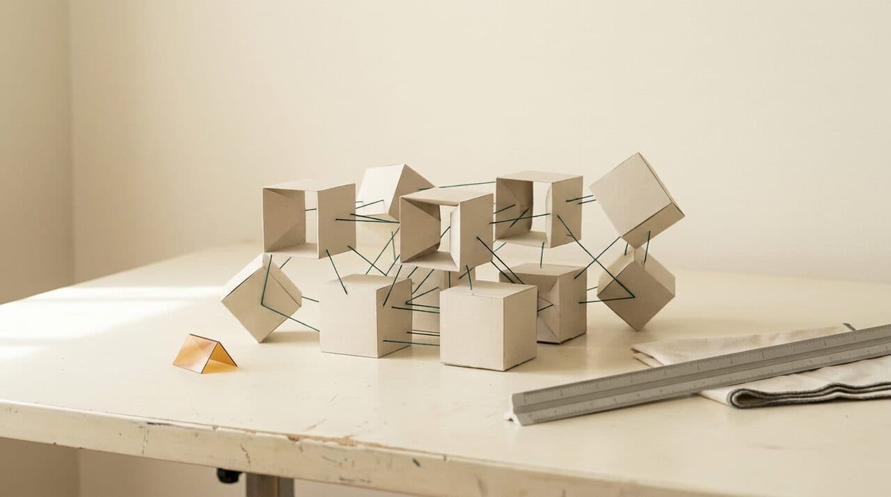 Módulos de papel conectados por hilos verdes sobre una mesa de dibujo