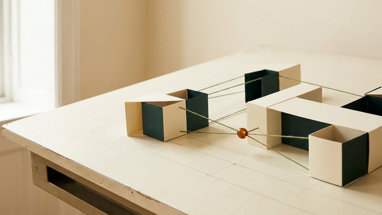 Módulos de papel conectados por hilos verdes sobre una mesa de dibujo