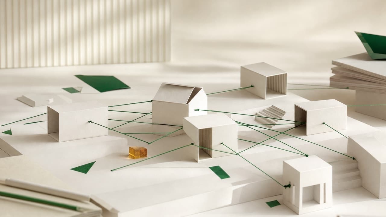 Módulos de papel conectados por hilos verdes sobre una mesa de dibujo