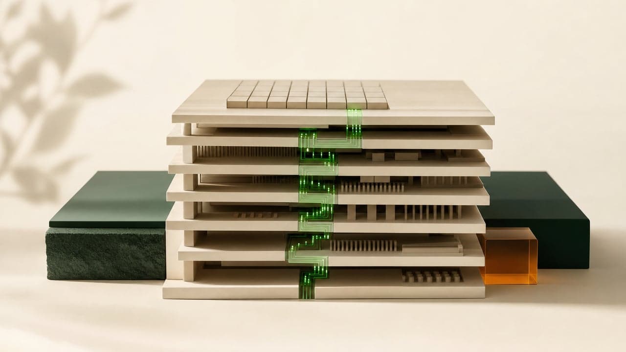 Maqueta en capas con un circuito verde atravesándolas