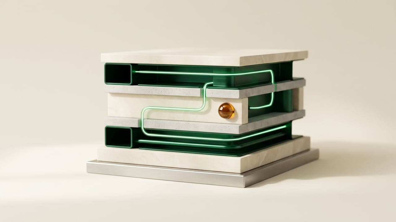 Maqueta en capas con un circuito verde atravesándolas