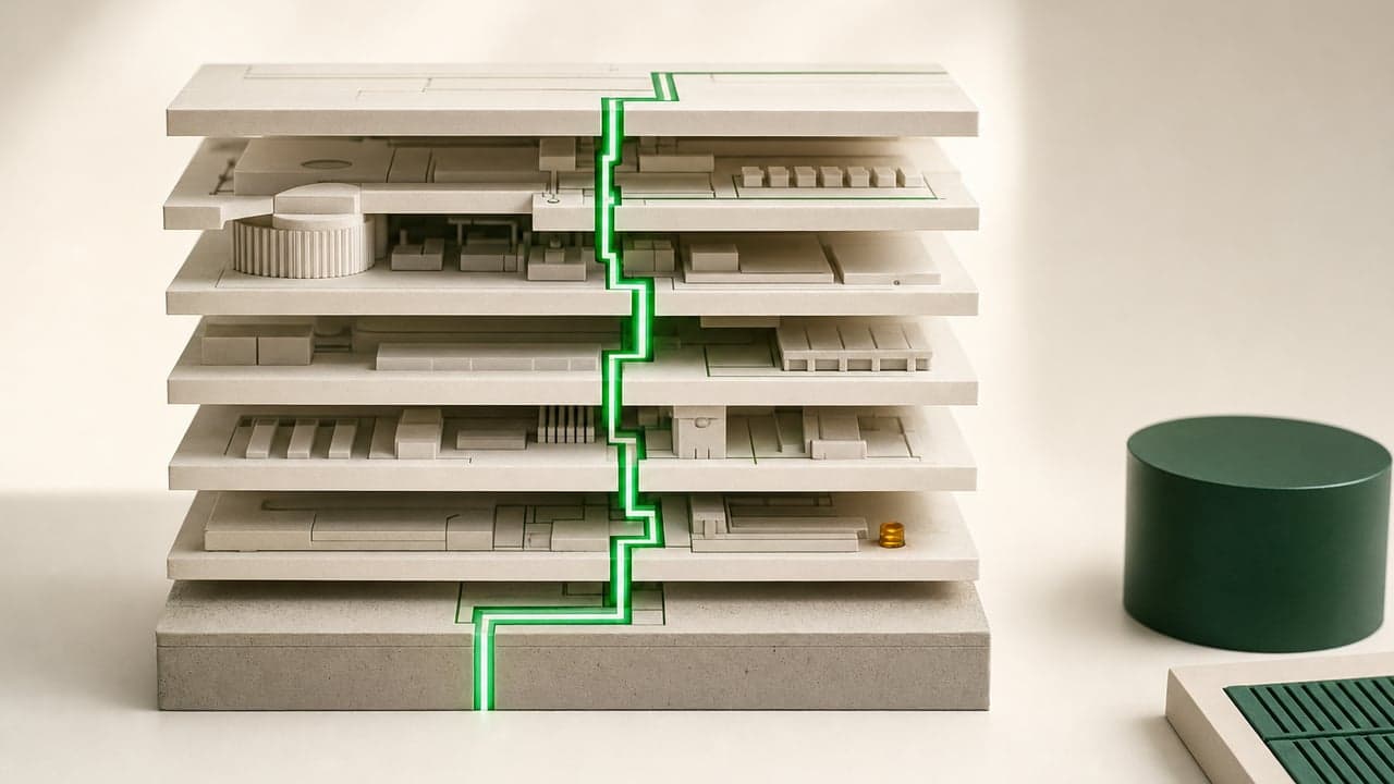 Maqueta en capas con un circuito verde atravesándolas