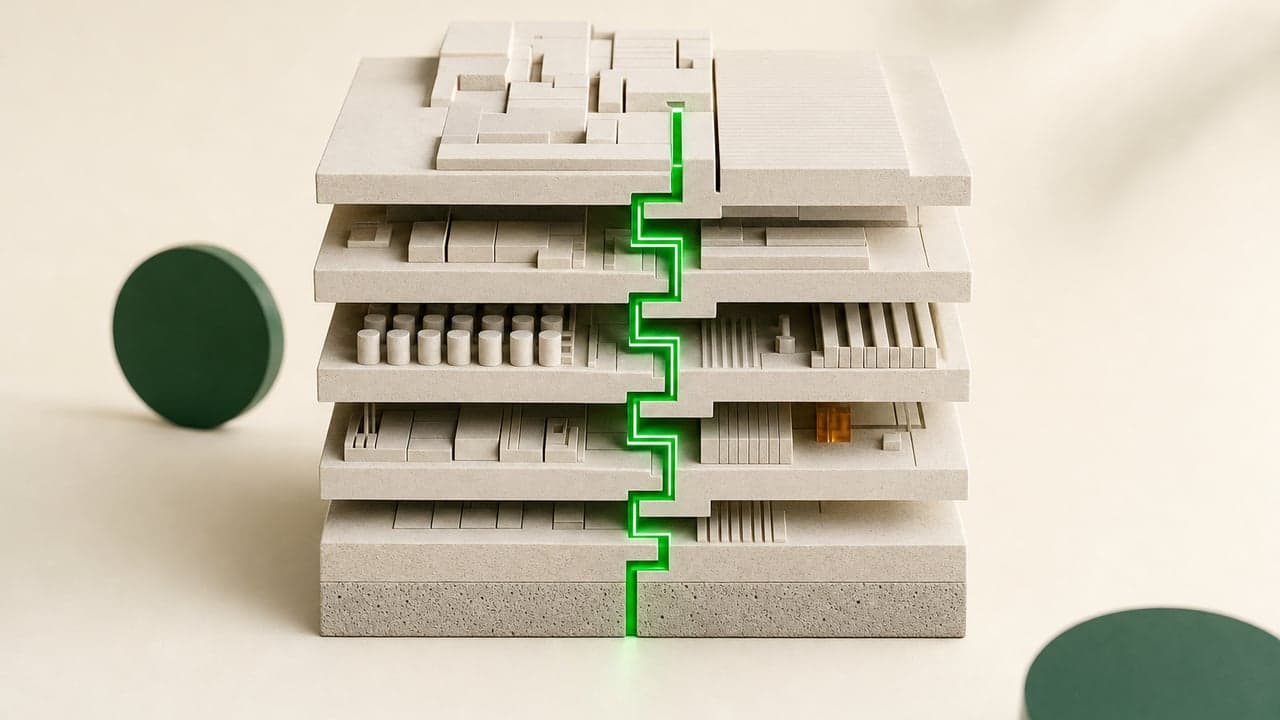 Maqueta en capas con un circuito verde atravesándolas